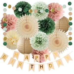 sage green and dusty pink birthday decorations sage green paper pom poms paper fans happy birthday banner for women girls neutral birthday baby shower party decor supplies