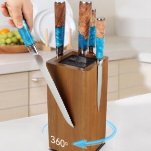 KUCHEASY Magnetic Knife Block 360° Rotating Wood Universal Knife Holder with Four Side Ultra Strong Magnets, Knife Storage Rack with Removable Bristles, Multifunctional Storage for Kitchen Counter Top