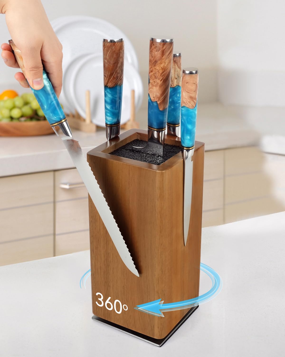 KUCHEASY Magnetic Knife Block 360° Rotating Wood Universal Knife Holder with Four Side Ultra Strong Magnets, Knife Storage Rack with Removable Bristles, Multifunctional Storage for Kitchen Counter Top