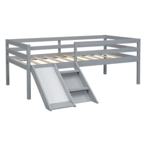 Twin Low Loft Bed with Slide, Ladder & Safety Guardrails, Wood Loft Bed Frame for Kids Teens Boys & Girls, No Box Spring Needed,Grey