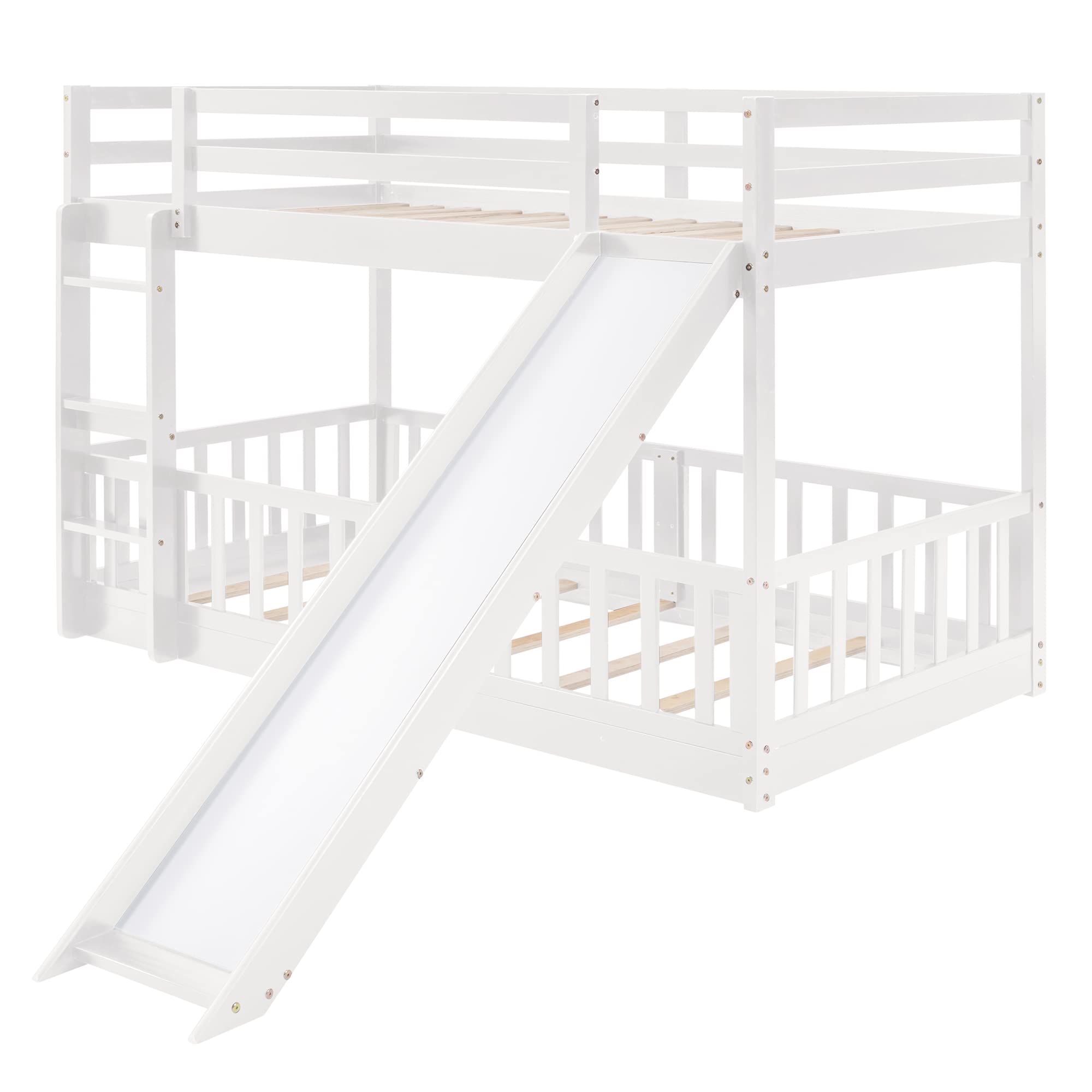 Bellemave Twin Over Twin Floor Bunk Bed with Slide and Ladder, Low Bunk Bed for Kids, Girls, Boys, Removable Fence, Bunk Bed with Slide, White