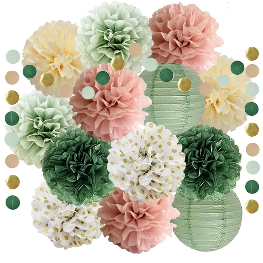 Sage Green Dusty Pink Tissue Paper Pom Poms Decorations Paper Lanterns Sage Green Dusty Pink Party Decorations Cicle Dots Garland for Bridal Shower Baby Shower Wedding Birthday Party Decorations