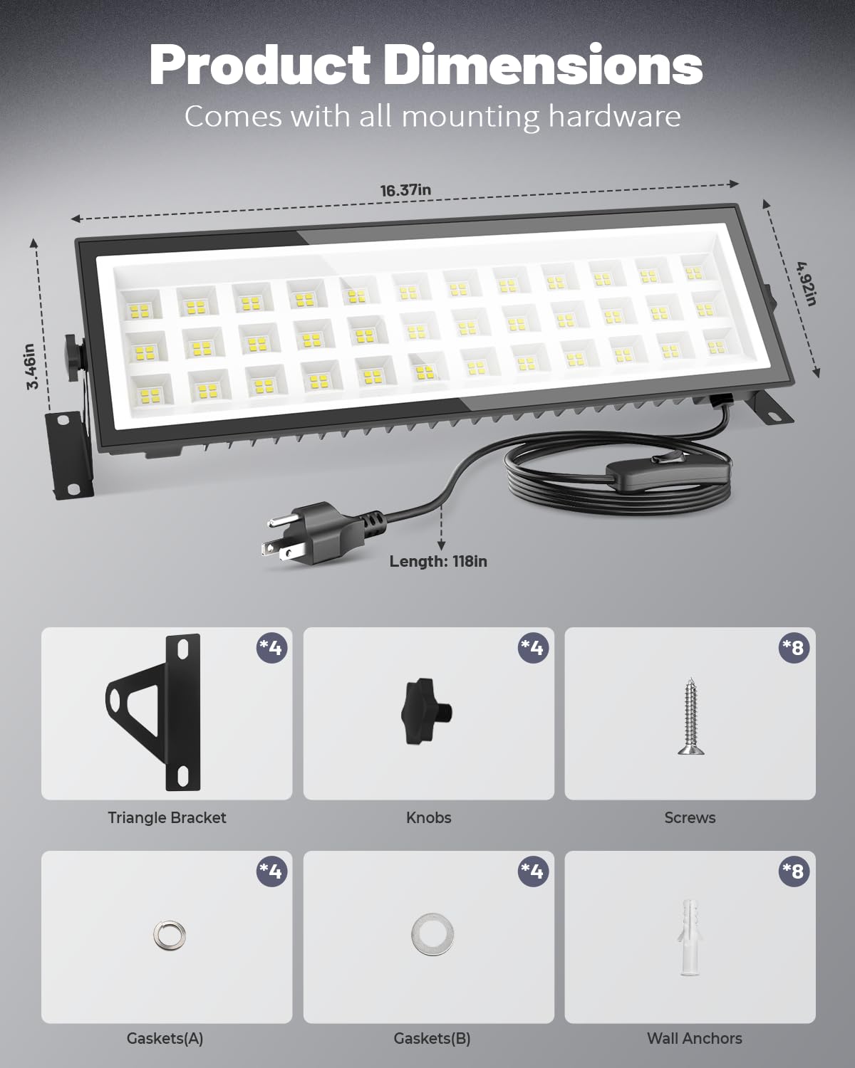 AGranTOP 2 Pack Plug in LED Shop Lights - 100W 15000LM Aluminum Garage Light w/ 9.84ft Power Cord, IP66 Waterproof Shop Lights for Garage, Workshop, Warehouse (Built-in ON/Off Switch)