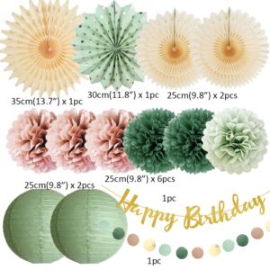 Sage Green and Dusty Pink Birthday Decorations Paper Lanterns Sage Green Cream Paper Fans Dusty Rose Tissue Paper Pom Poms Sage Green Pink Birthday with Happy Birthday Banner Gold for Girls Women