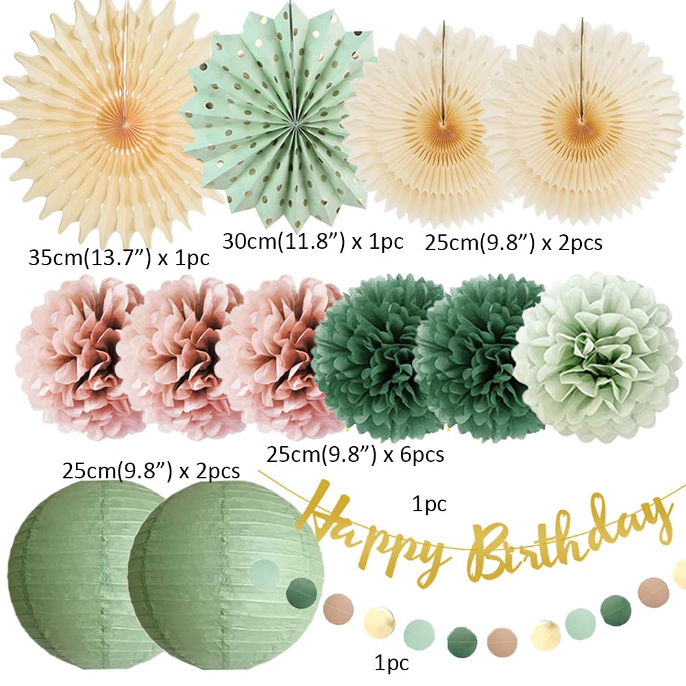 Sage Green and Dusty Pink Birthday Decorations Paper Lanterns Sage Green Cream Paper Fans Dusty Rose Tissue Paper Pom Poms Sage Green Pink Birthday with Happy Birthday Banner Gold for Girls Women