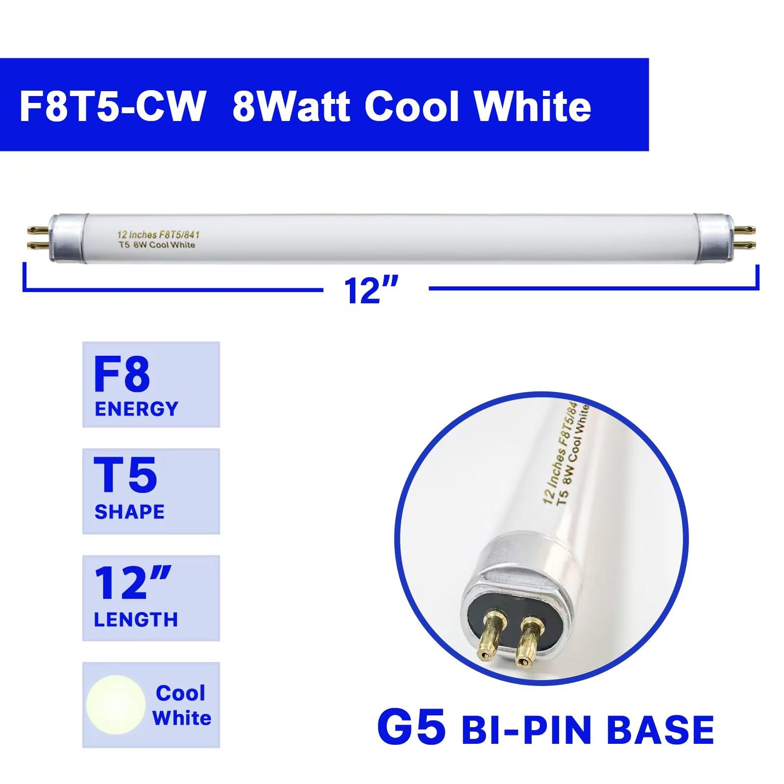 Konideke 8 Pack F8T5/CW Fluorescent Bulbs, T5 12 inch 8 Watts Under Cabinet Light Bulb Cool White, G5 Mini Bi 420 Lumen