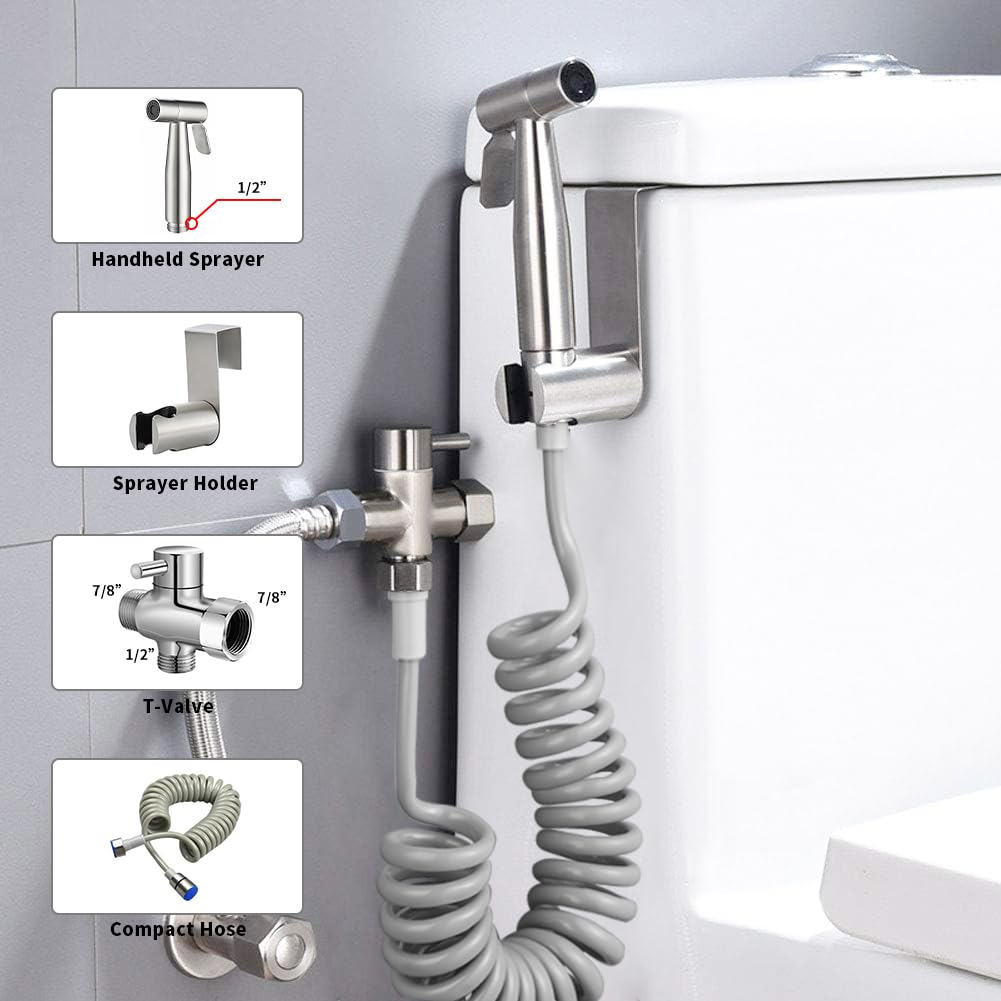 ELINKUME Handheld Bidet Sprayer for Toilet Kit,Stainless Steel Spray Attachment Set with 3 Way Valve,Hand Held Diaper Sprayer Head for Personal Hygiene Pet Bathing with Retractable Spring Hose