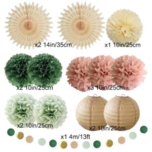 Sage Green and Dusty Pink Birthday Decorations Sage Green Paper Pom Poms Paper Fans Happy Birthday Banner for Women Girls Neutral Birthday Baby Shower Party Decor Supplies