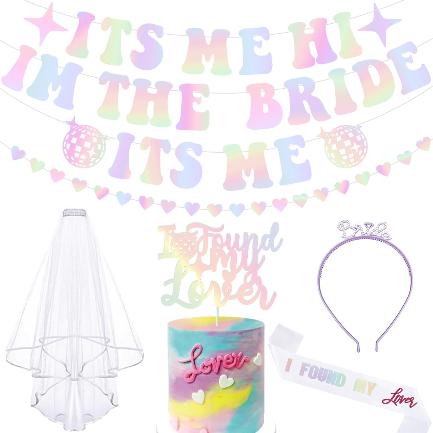 Pre-Strung Its Me Hi I'm The Bride Its Me Banner Garland I Found My Lover Sash Headband Veil Holographic Bachelorette Party Banner Iridescent for Bachelorette Party Decorations Singer Inspired Party Decor