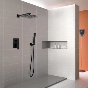 BALLEERUN Shower Faucet Kit 10-Inch Matte Black Showerhead and Handle Kit Bathroom Luxury Shower Faucet with Square Rain Showerhead and High-Pressure Handheld Sprayer Shower Valve and Trim Kit