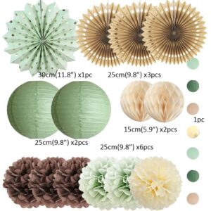 Sage Green and Brown Party Decorations Baby Shower Decorations Sage Green Beige Brown Tissue Paper Pom Poms Lanterns for Sage Green and Brown Birthday Bridal Shower Wedding Room Decor