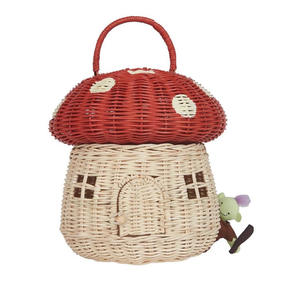 Kqcibz Handmade Rattan Mushroom-Shaped Storage Basket- Cute Handmade Handcrafted Decoration Artwork Rattan, Red Easy to Use