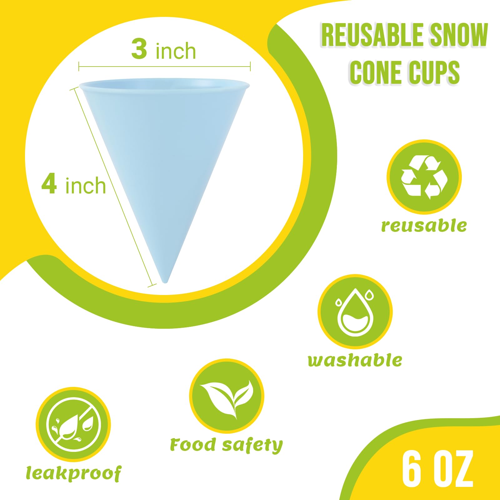 6-Pack Reusable Snow Cone Cups 6oz, Durable Plastic Cups for Your Snow Cone Maker - Leakproof Shaved Ice Cups - Ideal for Slushies, Shaved Ice Syrup, or Juice