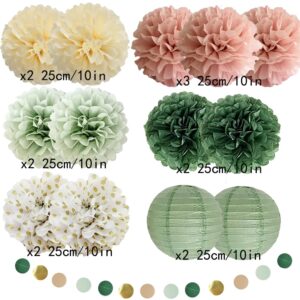 Sage Green Dusty Pink Tissue Paper Pom Poms Decorations Paper Lanterns Sage Green Dusty Pink Party Decorations Cicle Dots Garland for Bridal Shower Baby Shower Wedding Birthday Party Decorations