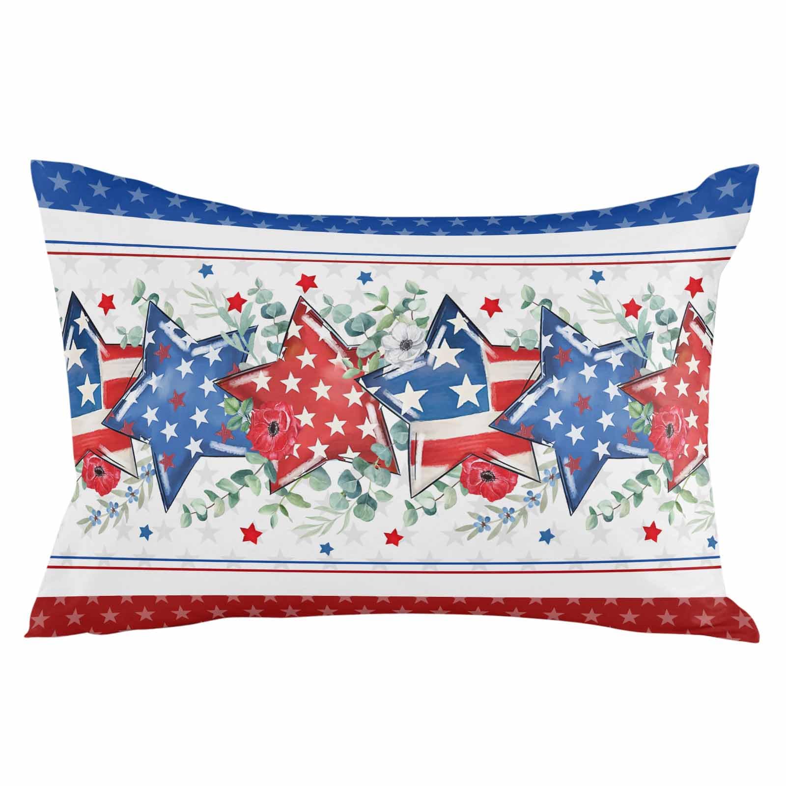 JasmineM Independence Day Star Outdoor Pillow Covers 20x12inch Set of 2, Polyester Waterproof Throw Pillow Covers Garden Cushion Decorative Case for Patio Couch Decoration, Eucalyptus Leaves Blue Red