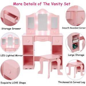 Hobbyfield Kids Vanity Table, Girls Vanity with Tri-Folding Mirror, Drawer,Open Storage Shelves, Makeup Playset with Chair, Princess Vanity Table for Toddlers(Pink)