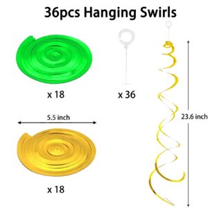 Green Gold Party Decorations Hanging Swirls, 36PCS Plastic Ceiling Streamers Foil Dual Spirls Hanging Decors for Birthday, Bridal Shower, New Years Party, St Patricks Day(Gold+Green)