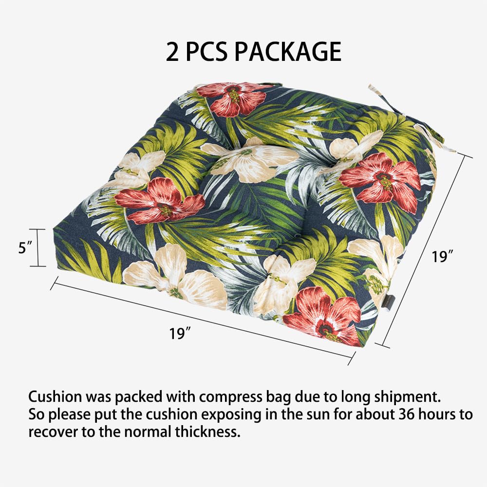 Magpie Fabrics Outdoor/Indoor Tufted Seat Cushion with Ties Set of 2, 19"x19" Waterproof Patio Chair Pads Tatami for Room Garden Balcony Office Decor, Midnight Floral