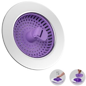 hibbent universal 3 in 1 kitchen sink drain strainer with sink stopper, chrome stainless steel wraped shell, anti-clogging basket strainer, foldable handle, fit for us standard 3-1/2" drain, purple