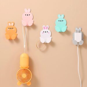 YIKANGHENG 4 Pcs Self Adhesive Plug Hooks, 4 Color Rabbit Design Plastic Plug Organizer Wall Hooks (4)