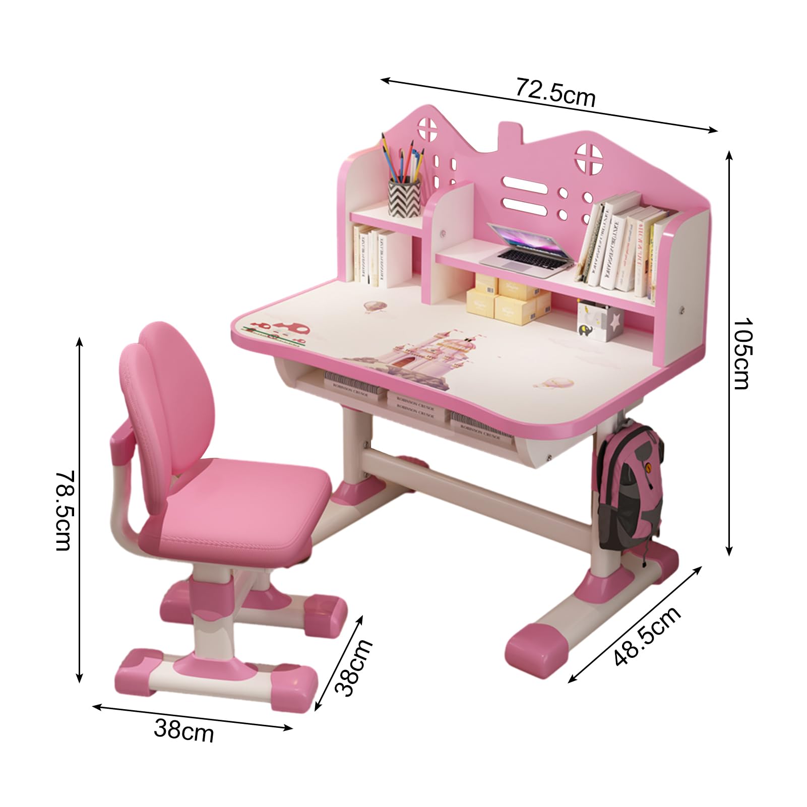 Kids Adjustable Study Desk & Chair Set, Pink Girl Desk, Child Toddler Homework Table, Princess Children Preschool Desk for Writing Homework w/Drawers, Bookshelf, Escritorio Mesas para Niña (Pink2)