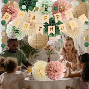 Sage Green and Dusty Pink Birthday Decorations Sage Green Paper Pom Poms Paper Fans Happy Birthday Banner for Women Girls Neutral Birthday Baby Shower Party Decor Supplies