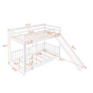 Bellemave Twin Over Twin Floor Bunk Bed with Slide and Ladder, Low Bunk Bed for Kids, Girls, Boys, Removable Fence, Bunk Bed with Slide, White