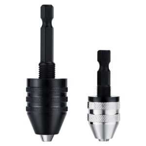 2pcs drill chuck adapter keyless drill chuck bit 1/4 inch hex shank drill chuck fast change converter extension screwdriver drill adapter in 0.6-8mm, 0.3-3.6mm for impact drill tool attachment