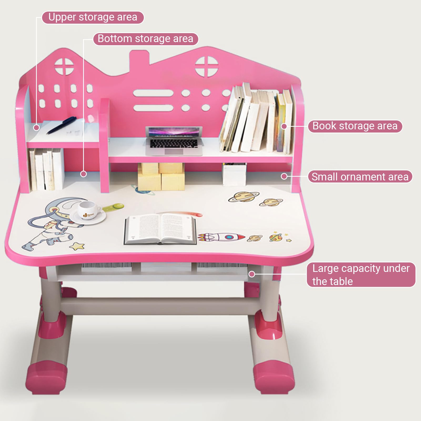 Kids Adjustable Study Desk & Chair Set, Pink Girl Desk, Child Toddler Homework Table, Princess Children Preschool Desk for Writing Homework w/Drawers, Bookshelf, Escritorio Mesas para Niña (Pink2)