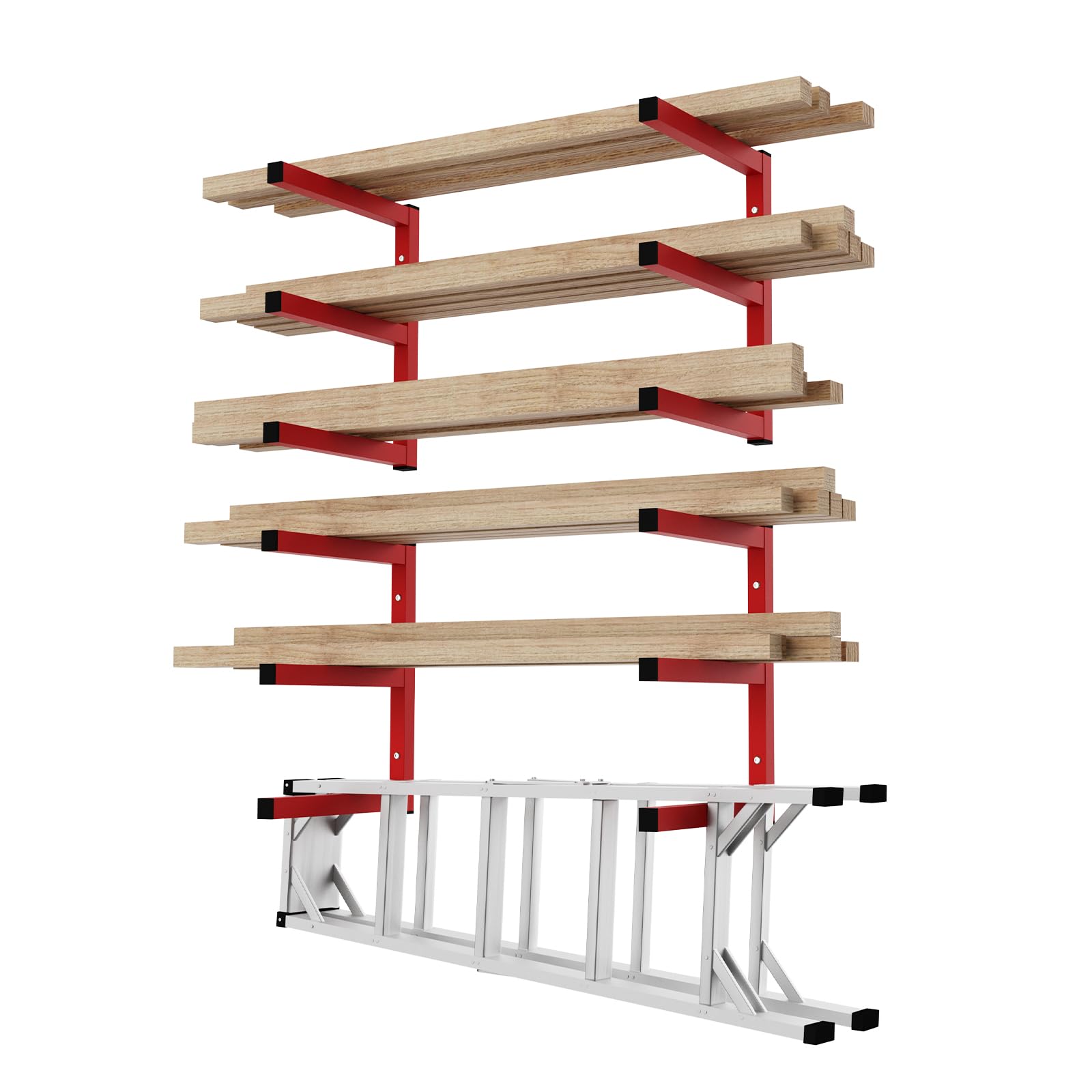 YheenLf Wall Mount Lumber Storage Rack and Garage Shelving, Wood Organizer, 4Pack Holds Up 1200 LB with 3-Level-Indoor and Outdoor Use,16.7 x 12.7 x 1.2 Inches, Red, HMBJ001R-4