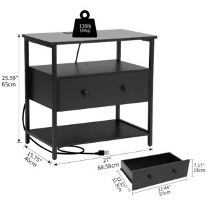 Edbuosy 27 inch Nightstand Side Table with 1 Layer of Wooden Drawers，Nightstand with Charging Station,End Table Bedside Table with USB Ports and Outlets (Black)