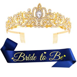 bride to be sash crystal crown set gold blue bridal shower decorations glitter bridal party wedding shower party decorations