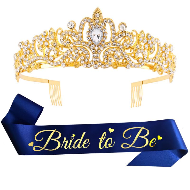 Bride To Be Sash Crystal Crown Set Gold Blue Bridal Shower Decorations Glitter Bridal Party Wedding Shower Party Decorations