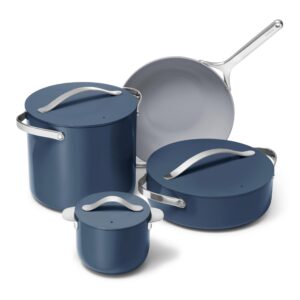 caraway cookware+ collection - specialty cookware set - petite cooker, stir fry pan, rondeau, & stock pot - 3 lids & storage organizer included - navy