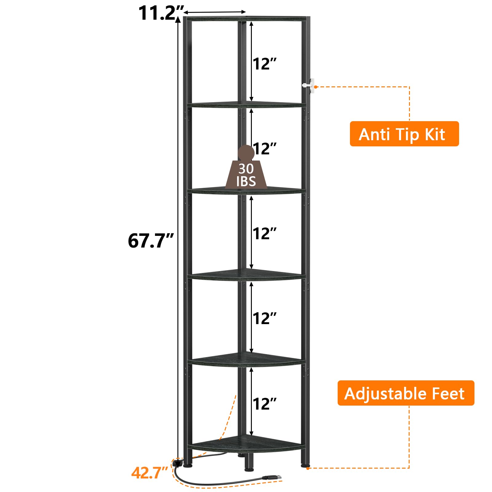 Furnulem 6 Tier Corner Shelf with LED Light, 67.5” Tall Standing Shelf Organizer, Black Narrow Bookshelf with Storage Rack for Wall Corner, Living Room, Bedroom, Metal Frame, Wood Display Shelf