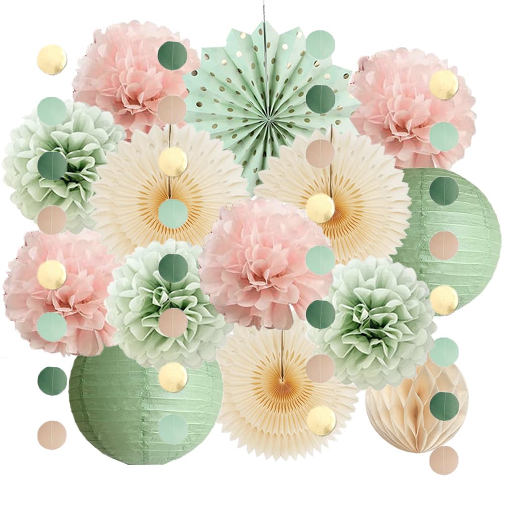 Sage Green and Blush Pink Party Decorations Paper Lanterns Sage Green Cream Paper Fans Light Pink Tissue Paper Pom Poms for Sage Green and Dusty Pink Birthday Baby Shower Bridal Shower Wedding