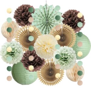 sage green and brown party decorations baby shower decorations sage green beige brown tissue paper pom poms lanterns for sage green and brown birthday bridal shower wedding room decor