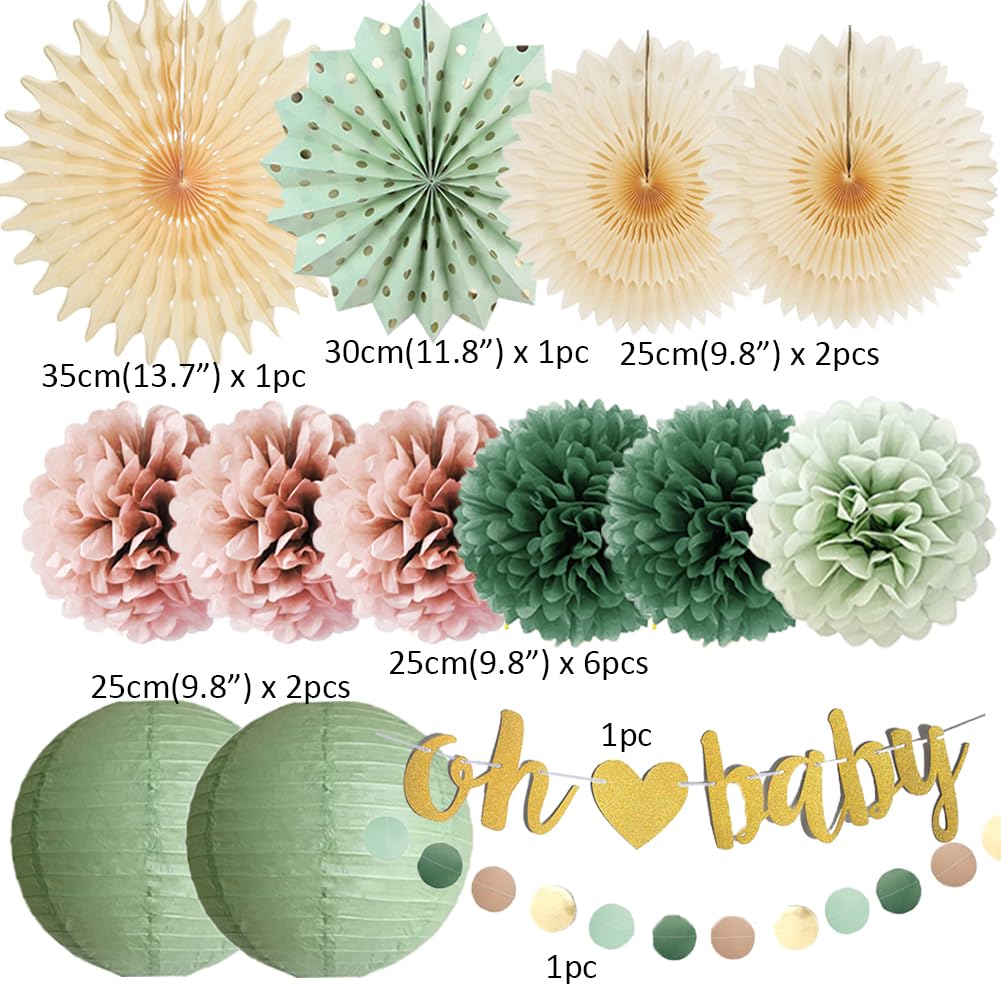 Dusty Rose and Sage Green Baby Shower Decorations Paper Lanterns Tissue Paper Pom Poms Olive Sage Green and Dusty Pink Party Decorations with Oh Baby Banner Gold for Baby Girls