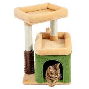 innsfurr small cat tree for indoor cats, cat scratching post with cat condo cat tower for multiple cats, plush cozy perch | cat massage brush | activity hanging pompoms for kittens, green