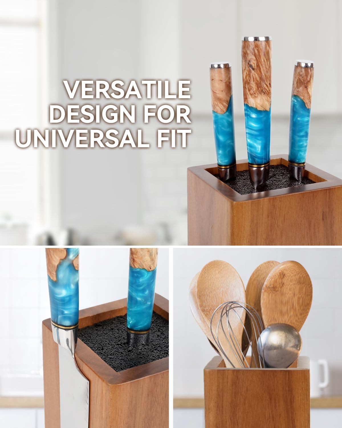 KUCHEASY Magnetic Knife Block 360° Rotating Wood Universal Knife Holder with Four Side Ultra Strong Magnets, Knife Storage Rack with Removable Bristles, Multifunctional Storage for Kitchen Counter Top