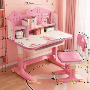 Kids Adjustable Study Desk & Chair Set, Pink Girl Desk, Child Toddler Homework Table, Princess Children Preschool Desk for Writing Homework w/Drawers, Bookshelf, Escritorio Mesas para Niña (Pink1)