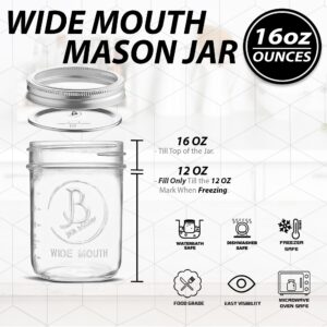 Wide Mouth Mason Jars 16 oz - (4 Pack) - Clear Glass Pint Mason Jars With Airtight Lids and Bands. For Storage, Canning, Fermenting, Meal Prep, Overnight Oats, Freezing, Microwave & Dishwasher Safe