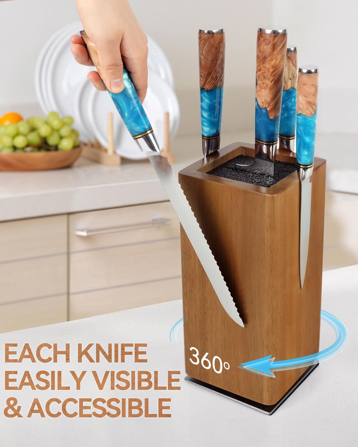 KUCHEASY Magnetic Knife Block 360° Rotating Wood Universal Knife Holder with Four Side Ultra Strong Magnets, Knife Storage Rack with Removable Bristles, Multifunctional Storage for Kitchen Counter Top