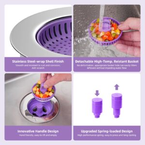 Hibbent Universal 3 in 1 Kitchen Sink Drain Strainer with Sink Stopper, Chrome Stainless Steel Wraped Shell, Anti-Clogging Basket Strainer, Foldable Handle, Fit for US Standard 3-1/2" Drain, Purple