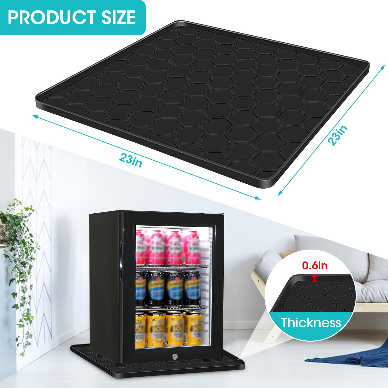 Haxmdfa Mini Fridge Silicone Mat 24''x24 X0.6'' Under Refrigerator Mat Silicone Refrigerator Floor Mat Freezer Protect From Appliance Leaks Water Spills (Black)