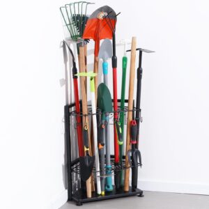 garden tool organizer for corner,yard tools rack for garage storage organization,garage tool holder free standing no mount.heavy duty and solid metal for indoor and outdoor use.