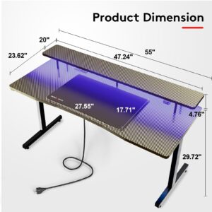 GTRACING 55 Inch Gaming Desk with LED Lights, Computer Gamer Desk with Monitor Stand, Ergonomic Carbon Fiber Surface Gaming Table with Mouse Pad for Home Office, RGB