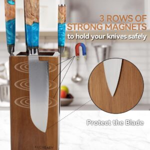 KUCHEASY Magnetic Knife Block 360° Rotating Wood Universal Knife Holder with Four Side Ultra Strong Magnets, Knife Storage Rack with Removable Bristles, Multifunctional Storage for Kitchen Counter Top