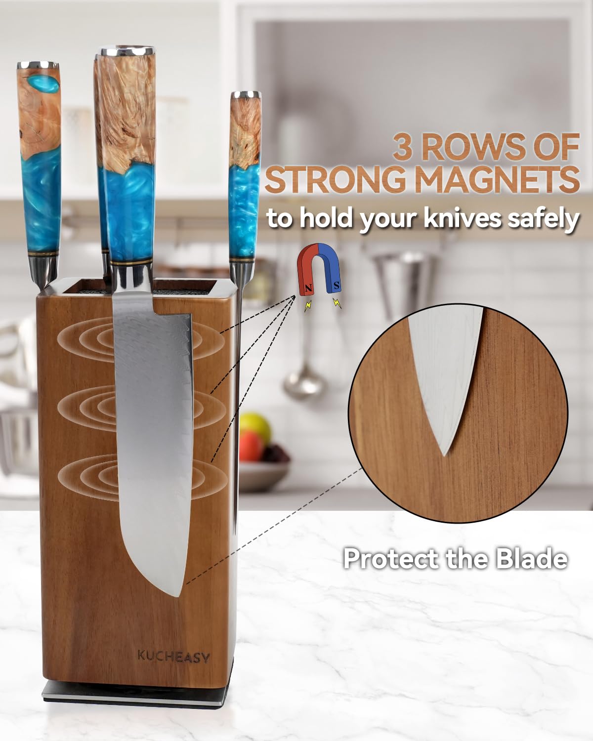 KUCHEASY Magnetic Knife Block 360° Rotating Wood Universal Knife Holder with Four Side Ultra Strong Magnets, Knife Storage Rack with Removable Bristles, Multifunctional Storage for Kitchen Counter Top