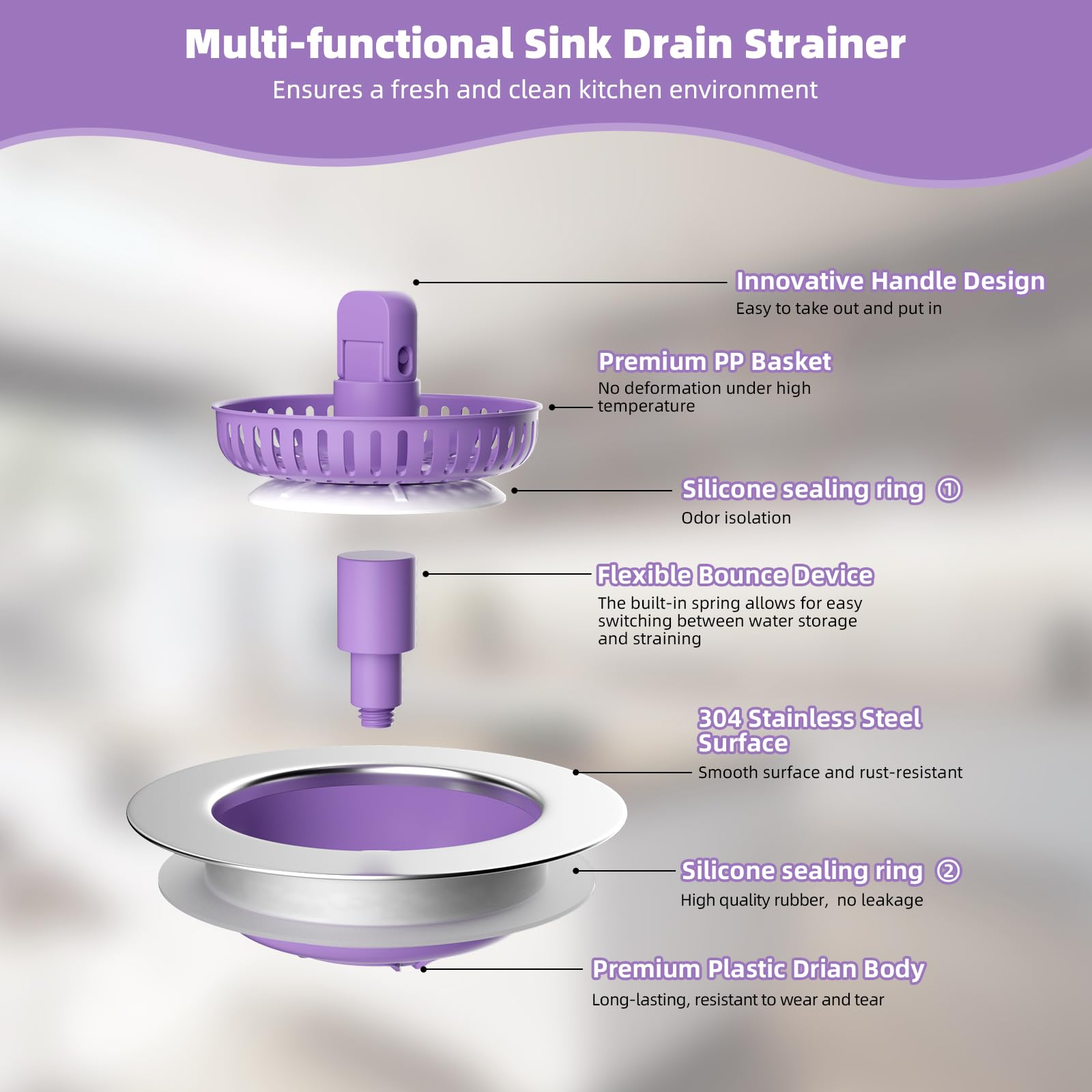 Hibbent Universal 3 in 1 Kitchen Sink Drain Strainer with Sink Stopper, Chrome Stainless Steel Wraped Shell, Anti-Clogging Basket Strainer, Foldable Handle, Fit for US Standard 3-1/2" Drain, Purple